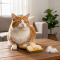 PawLunor Grooming Comb lifestyle shot on wooden surface next to fluffy cat